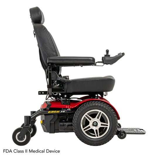 Pride Jazzy Elite 14 power wheelchair, right side profile view, red