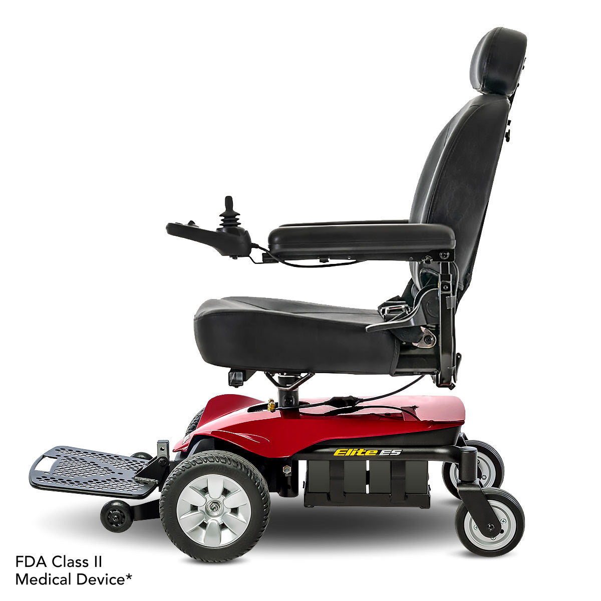 Pride Jazzy Elite ES power wheelchair, left side profile view, candy apple red