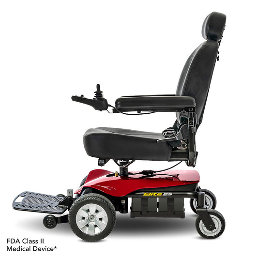 Pride Jazzy Elite ES power wheelchair, left side profile view, candy apple red