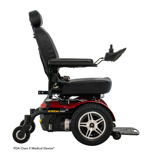 Pride Jazzy Elite HD power wheelchair, right side profile view, red