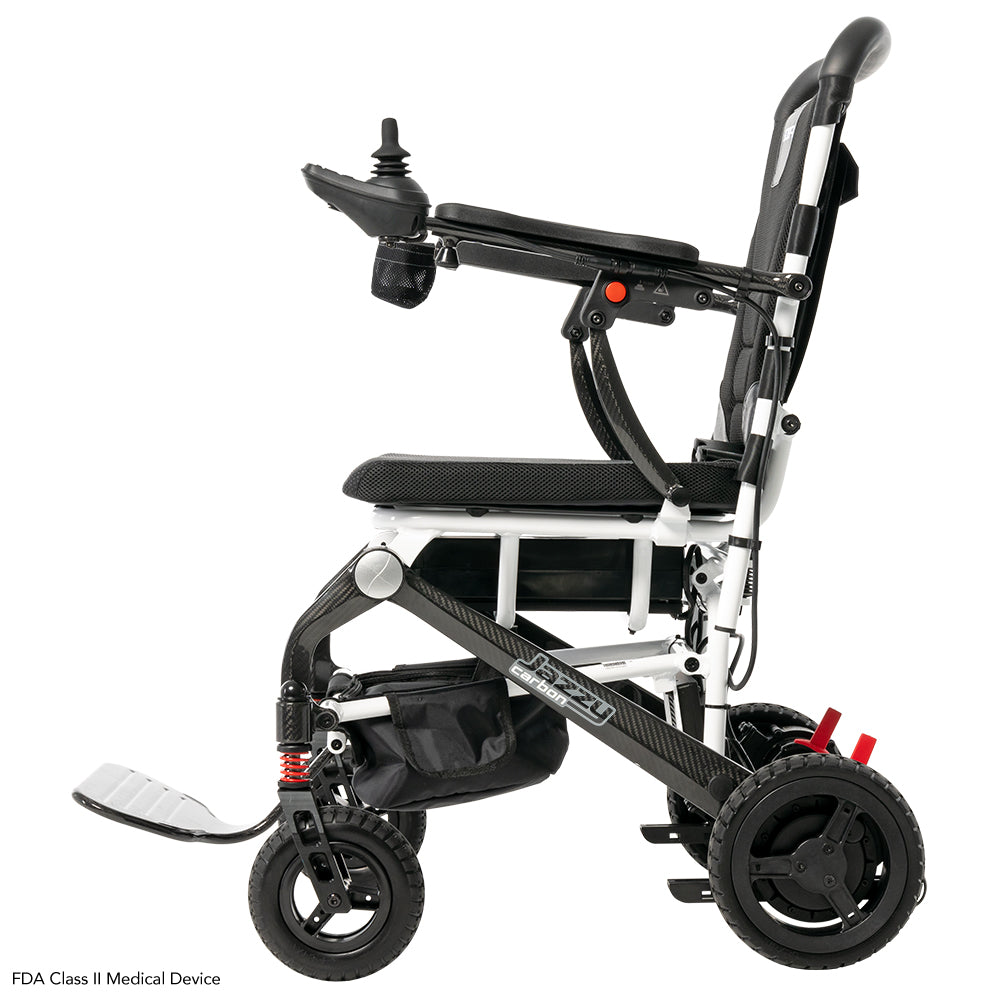 Pride Jazzy Carbon power wheelchair, left side profile view, white