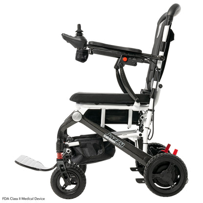 Pride Jazzy Carbon power wheelchair, left side profile view, white