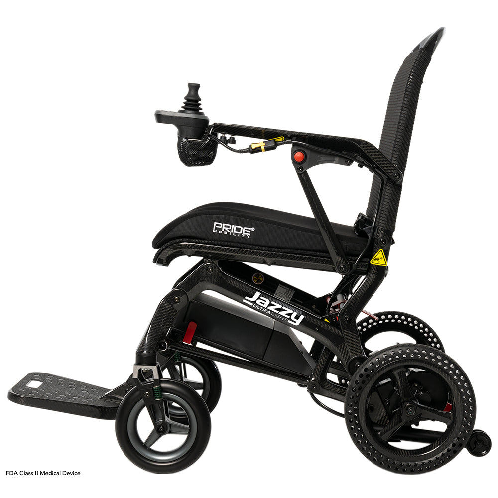 Pride Jazzy Ultra Light power wheelchair, left side profile view