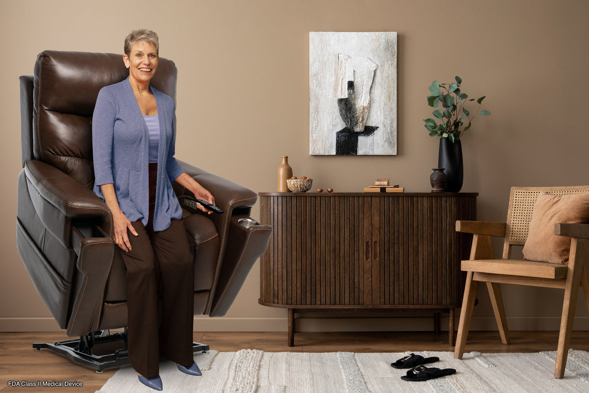 Pride Mobility Ultra Lift Chair - Lifestyle, Rising with Remote in Hand